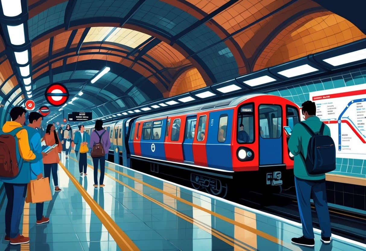 A busy London scene showing red double-decker buses, Overground trains, DLR, and city landmarks,key London transport choices.