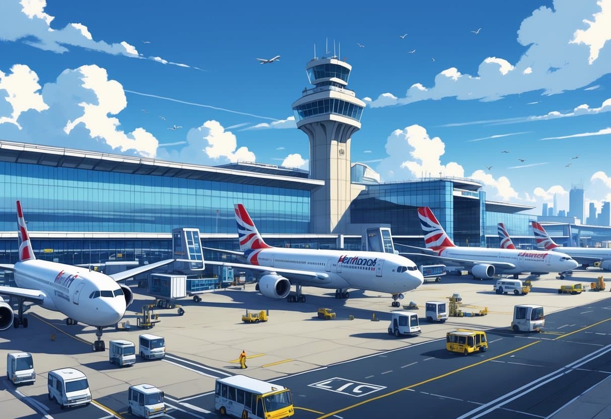 View of Gatwick Airport with terminal buildings, airplanes at gates, a plane taking off, and passengers walking with luggage.