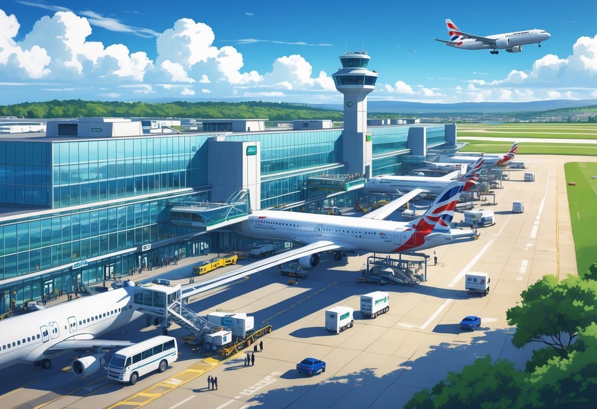 A busy Heathrow Airport terminal with airplanes parked at gates, ground vehicles, and airport staff on the tarmac, a central hub among London Airports.