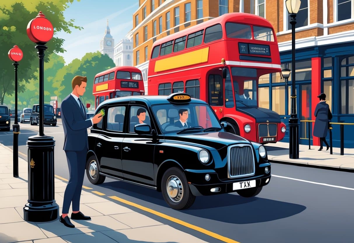 A passenger booking a taxi in London using a smartphone near a taxi stand