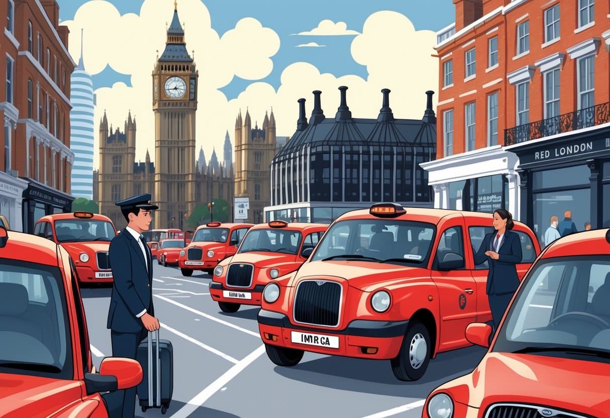 Professional taxi driver in London helping passenger with luggage near London taxi